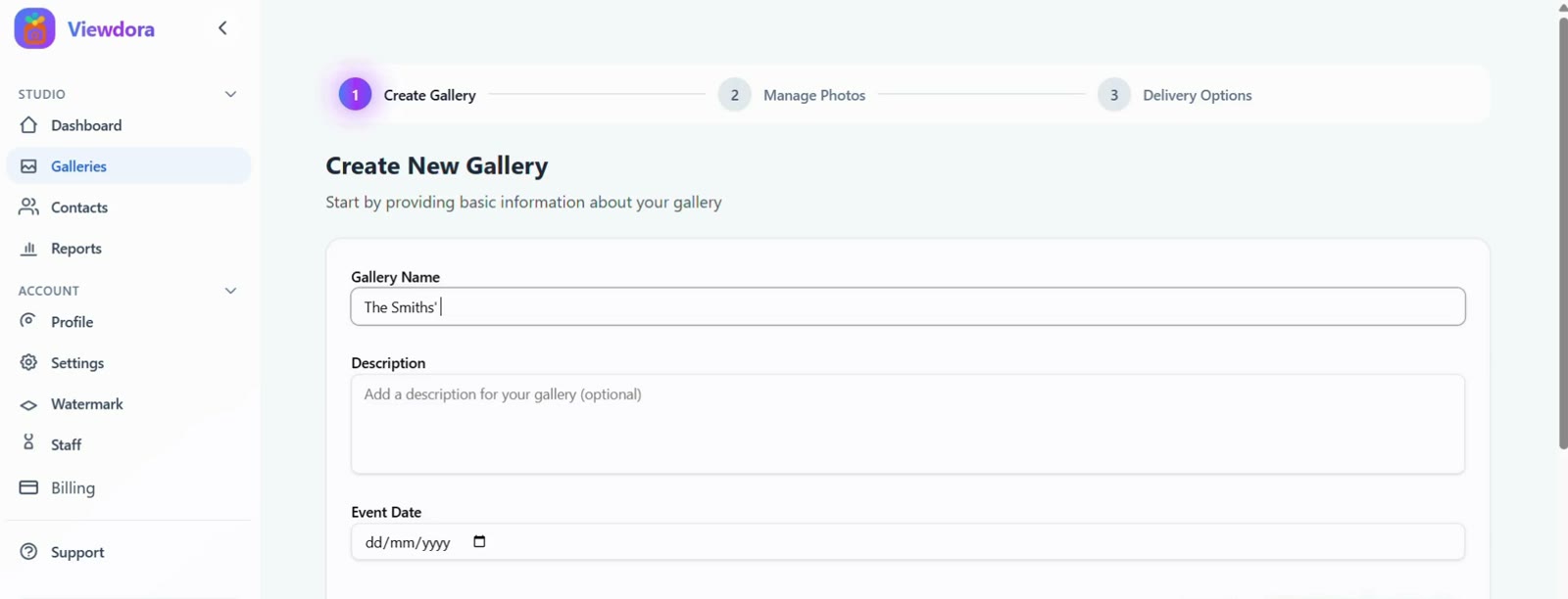 Viewdora Studio's Create New Gallery screen, with fields for the gallery name, description, and event date.