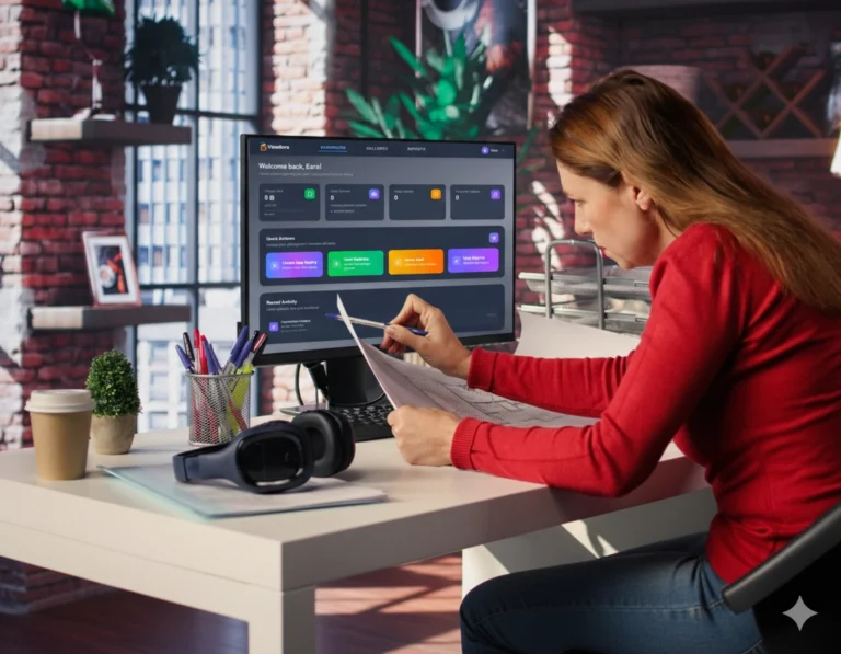 Woman reviewing Viewdora dashboard